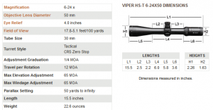 Vortex Viper HS-T 6-24x50 Riflescope VMR-1 Reticle (MOA) VHS-4325 Specifications